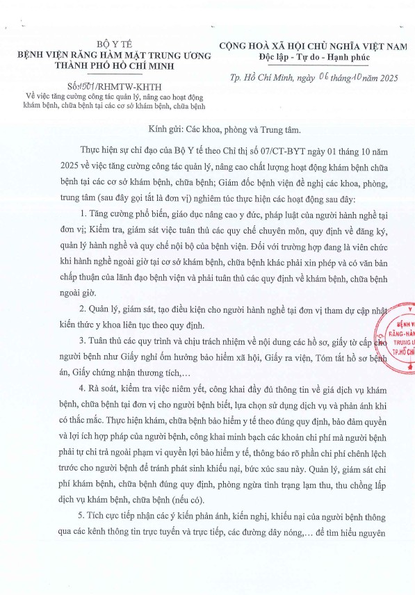 Công văn triển khai chỉ đạo của Bộ Y tế theo Chỉ thị 07/CT-BYT ngày 01/10/2025 về việc tăng cường công tác quản lý, nâng cao hoạt động khám bệnh, chữa bệnh