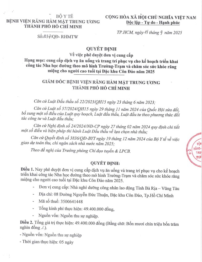 Quyết định về việc phê duyệt đơn vị cung cấp phục vụ cho kế hoạch triển khai Nha học đường và chăm sóc SKRM cho người cao tuổi tại Côn Đảo 2025