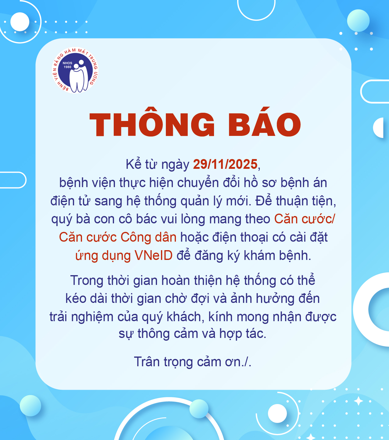 THÔNG BÁO: Thực hiện chuyển đổi hồ sơ bệnh án điện tử sang hệ thống quản lý mới