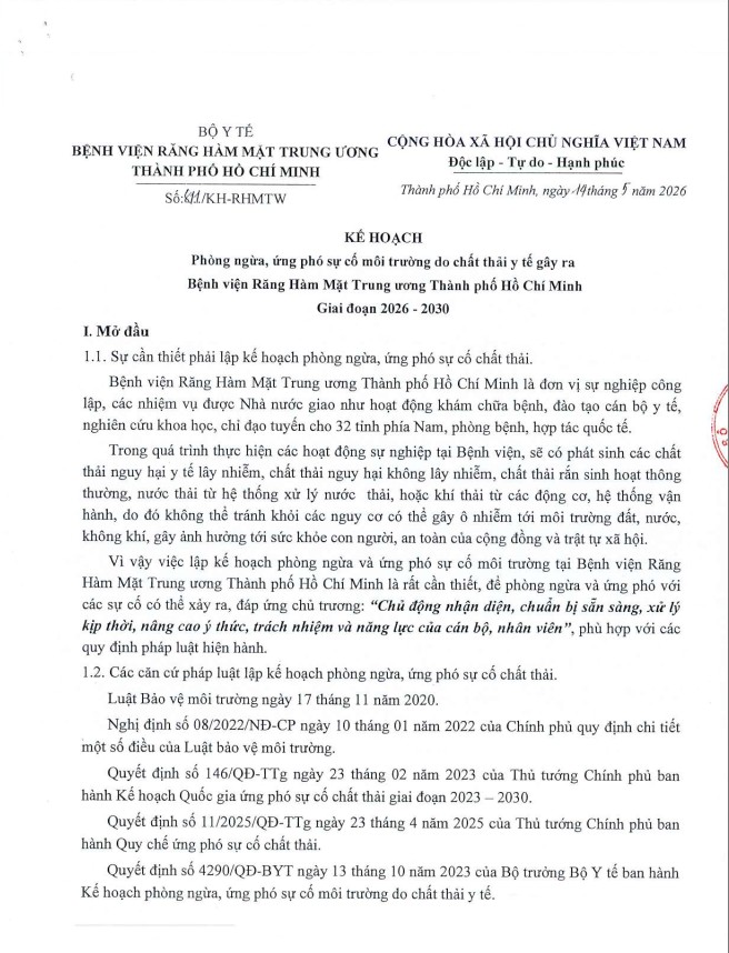 KẾ HOẠCH PHÒNG NGỪA, ỨNG PHÓ SỰ CỐ MÔI TRƯỜNG DO CHẤT THẢI Y TẾ GÂY RA GIAI ĐOẠN 2026 – 2030