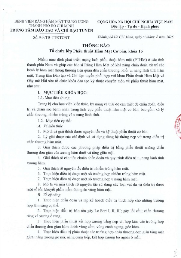 THÔNG BÁO: Tổ chức lớp Phẫu thuật Hàm Mặt cơ bản, khóa 15