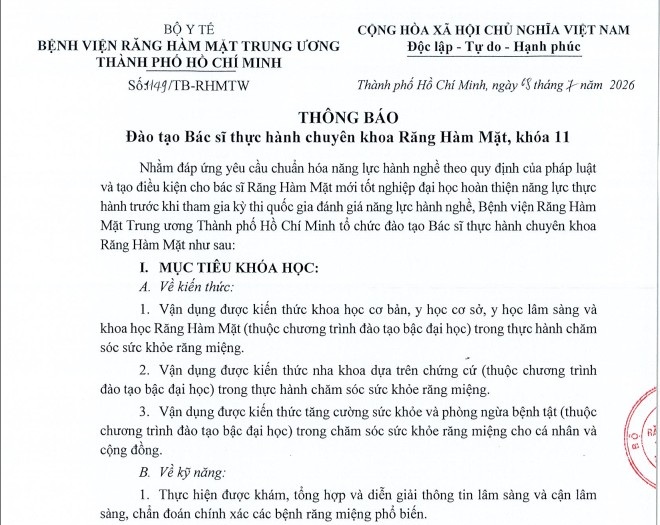 THÔNG BÁO: ĐÀO TẠO BÁC SĨ THỰC HÀNH CHUYÊN KHOA RĂNG HÀM MẶT, KHÓA 11